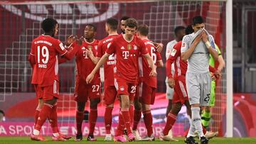 MUNICH, GERMANY - APRIL 20: Eric Maxim Choupo-Moting of FC Bayern Muenchen  celebrates with teammates after scoring their team&#039;s first goal  during the Bundesliga match between FC Bayern Muenchen and Bayer 04 Leverkusen at Allianz Arena on April 20, 