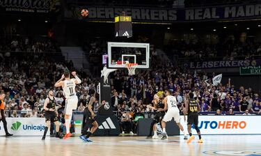 Hezonja salta en el último segundo para lanzar y anotar el triple que da la victoria al Real Madrid ante el Baskonia en la Euroliga.