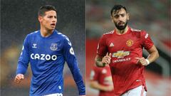 James Rodr&iacute;guez y Bruno Fernandes: Se enfrentan los cracks de Everton y Manchester United.