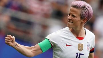 United States&#039; forward Megan Rapinoe celebrates after scoring a goal during the France 2019 Women&#039;s World Cup round of sixteen football match between Spain and USA, on June 24, 2019, at the Auguste-Delaune stadium in Reims, northern France. (Pho