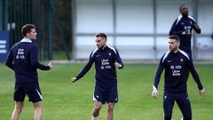 (From L) France's defender Benjamin Pavard, France's defender Jonathan Clauss and France's defender Lucas Hernandez take part in a training session as part of the team's preparation for upcoming friendly football matches