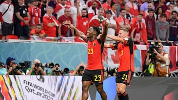 DOHA, QATAR - NOVEMBER 23: Michy Batshuayi (Belgium) celebrates after scoring his team's first goal with Timothy Castagne (Belgium) during the FIFA World Cup Qatar 2022 Group F match between Belgium and Canada at Ahmad Bin Ali Stadium on November 23, 2022 in Doha, Qatar. (Photo by Mohammad Karamali/DeFodi Images via Getty Images)