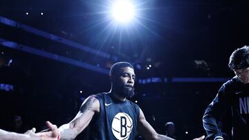 NEW YORK, NEW YORK - OCTOBER 31: Kyrie Irving #11 of the Brooklyn Nets is introduced before the start of a game against the Indiana Pacers at Barclays Center on October 31, 2022 in New York City. NOTE TO USER: User expressly acknowledges and agrees that, by downloading and or using this photograph, User is consenting to the terms and conditions of the Getty Images License Agreement.   Dustin Satloff/Getty Images/AFP