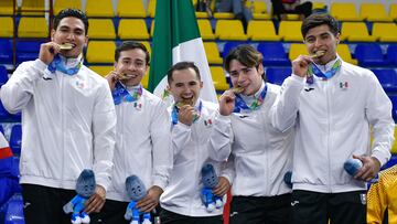 Isaac Nunez, Josue Juarez, Maximiliano Galicia, Fabian de Luna, Rodrigo Gomez of Mexico Gold Medal during the Mens Artistic Gymnastics competition in the test of , at the San Salvador 2023 Central American and Caribbean Games, at the Merliot Sports Complex, on June 24, 2023.
<br><br>
Isaac Nunez, Josue Juarez, Maximiliano Galicia, Fabian de Luna, Rodrigo Gomez de Mexico Medalla de oro durante la competencia de Gimnasia Artistica Masculina en la prueba de , en los Juegos Centroamericanos y del Caribe San Salvador 2023, en el Complejo Deportivo merliot, el 24 de junio de 2023.