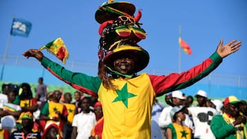 TOPSHOT - A Senegal supporter cheers during the 2019 Africa Cup of Nations (CAN) quarter final football match between Senegal and Benin at the 30 June stadium in Cairo on July 9, 2019. (Photo by JAVIER SORIANO / AFP)