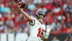 Nov 6, 2022; Tampa, Florida, USA;  Tampa Bay Buccaneers quarterback Tom Brady (12) drops back to pass against the Los Angeles Rams in the first quarter at Raymond James Stadium. Mandatory Credit: Nathan Ray Seebeck-USA TODAY Sports