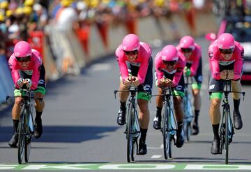 El equipo estadounidense EF Education First llega a la linea de meta con Rigoberto Urán de Colombia.