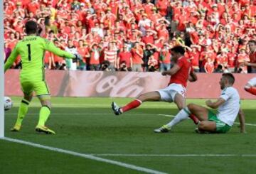 Gareth McAuley marca en propia puerta el gol que da la clasificación a Gales. 
