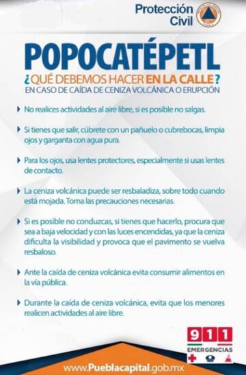 Recomendaciones tras la erupción del Popocatépetl en Puebla.