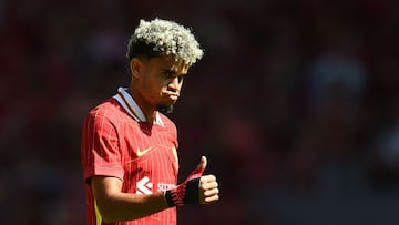Liverpool's Colombian midfielder #07 Luis Diaz reacts during the pre-season friendly football match between Liverpool and Sevilla at Anfield stadium in Liverpool, northwest England on August 11, 2024. (Photo by Peter POWELL / AFP)
