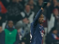 Paris Saint-Germain's French forward #10 Ousmane Dembele celebrates after scoring Paris Saint-Germain's first goal during the French L1 football match between Paris Saint-Germain (PSG) and Olympique de Marseille (OM) at the Parc des Princes stadium in Paris on February 8, 2026. (Photo by GEOFFROY VAN DER HASSELT / AFP)