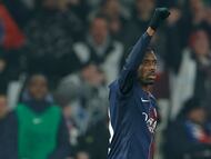 Paris Saint-Germain's French forward #10 Ousmane Dembele celebrates after scoring Paris Saint-Germain's first goal during the French L1 football match between Paris Saint-Germain (PSG) and Olympique de Marseille (OM) at the Parc des Princes stadium in Paris on February 8, 2026. (Photo by GEOFFROY VAN DER HASSELT / AFP)