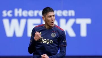 HEERENVEEN, NETHERLANDS - MARCH 12: Edson Alvarez of Ajax celebrates 0-2 during the Dutch Eredivisie match between SC Heerenveen v Ajax at the Abe Lenstra Stadium on March 12, 2023 in Heerenveen Netherlands (Photo by Rico Brouwer/Soccrates/Getty Images)