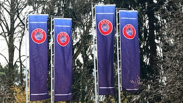 FILE PHOTO: The headquarters of the Union Europenne de Football Amateur (UEFA) is pictured before an Excecutive Committee meeting in Nyon, Switzerland, March 17, 2020. REUTERS/Denis Balibouse/File Photo