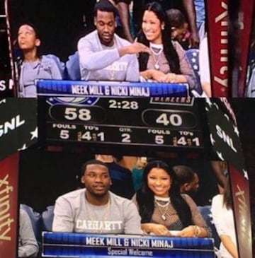 Nicki Minaj junto a su novio Meek Mill en el Philadelphia 76ers-Phoenix Suns.