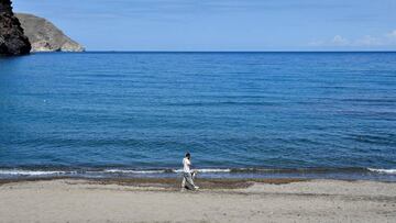 Un hombre pasea con su perro en la playa de Las Negras, en el municipio almeriense de Níjar.
