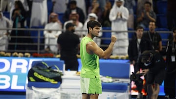 Spain's Carlos Alcaraz reacts after winning their men�s singles semi-final match against Russia's Andrey Rublev at the Qatar Open tennis tournament in Doha on February 20, 2026. (Photo by Karim JAAFAR / AFP)