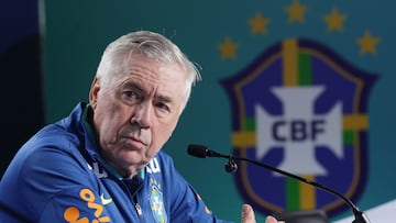 Soccer Football - World Cup - CONMEBOL Qualifiers - Brazil Press Conference - Granja Comary, Teresopolis, Brazil - September 8, 2025 Brazil coach Carlo Ancelotti during the press conference REUTERS/Ricardo Moraes