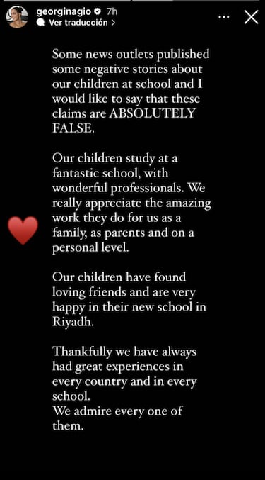 Georgina emite un comunicado defendiendo la educación de sus hijos