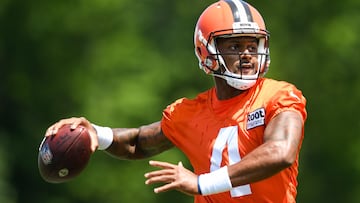 Deshaun Watson of the Cleveland Browns throws a pass during training camp at CrossCountry Mortgage Campus on July 30, 2022 in Berea, Ohio.