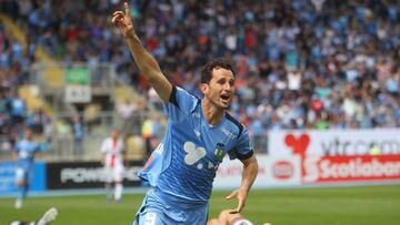 Fútbol, OâHiggins vs Palestino
Septima fecha, Campeonato de transicion 2017.
El jugador de O'Higgins Calandria, izquierda derecha centro, celebra su gol contra Palestino durante el partido de primera primera division disputad