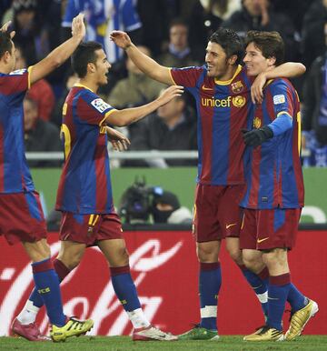 Pedro (22 goles), David Villa (23 goles) y Leo Messi (53 goles)