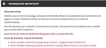 La eShop de Nintendo en Rusia entra en “mantenimiento temporal”: compras suspendidas