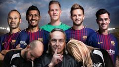 El famoso hipnotista Jeff Toussaint con los futbolistas del Barcelona Andr&eacute;s Iniesta, Paulinho, Marc-Andr&eacute; Ter Stegen, Ivan Rakitic y Philippe Coutinho y dos aficionados cul&eacute;s hipnotizados