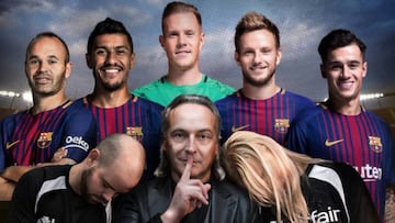 El famoso hipnotista Jeff Toussaint con los futbolistas del Barcelona Andrés Iniesta, Paulinho, Marc-André Ter Stegen, Ivan Rakitic y Philippe Coutinho y dos aficionados culés hipnotizados