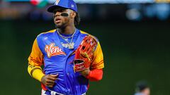 Mar 14, 2023; Miami, Florida, USA; Venezuela center fielder Ronald Acuna Jr. (42) runs toward the dugout after the fourth inning against Nicaragua at LoanDepot Park. Mandatory Credit: Sam Navarro-USA TODAY Sports