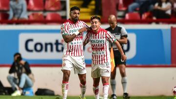 Alejandro Zendejas celebrates his goal 1-0 with Rodrigo Aguirre of Necaxa during the game Necaxa vs Mazatlan FC, corresponding to 16th round of the Torneo Apertura Grita Mexico A21 of the Liga BBVA MX, at Victoria Stadium, on October 29, 2021.
 &lt;br&gt;