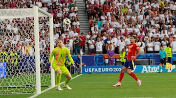 Dani Olmo, MVP del partido, recibe al borde del área y la pone de manera magistral para la cabeza del jugador internacional de la Real Sociedad que anota el segundo. Imposible para Manuel Neuer.