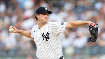 NEW YORK, NEW YORK - JUNE 19: Gerrit Cole #45 of the New York Yankees pitches against the Baltimore Orioles during the first inning at Yankee Stadium on June 19, 2024 in the Bronx borough of New York City. Luke Hales/Getty Images/AFP (Photo by Luke Hales / GETTY IMAGES NORTH AMERICA / Getty Images via AFP)
