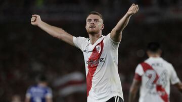 River Plate's forward Lucas Beltran celebrates after scoring a goal against Godoy Cruz during their Argentine Professional Football League Tournament 2023 match at El Monumental stadium, in Buenos Aires, on March 12, 2023. (Photo by ALEJANDRO PAGNI / AFP)