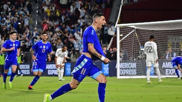 Argentina's forward #11 Angel Di Maria celebrates scoring his team's first goal during the international friendly football match between Argentina and Costa Rica at LA Memorial Coliseum in Los Angeles on March 26, 2024. (Photo by Frederic J. BROWN / AFP)