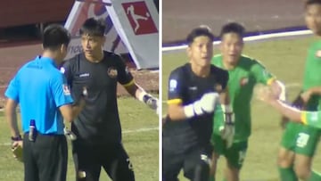 Un portero en Vietnam pierde la cabeza y celebra en la cara al árbitro tras parar un penalti