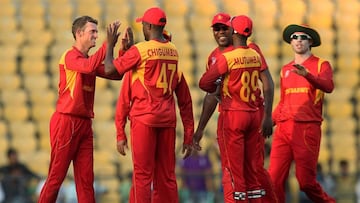 Zimbabwe&#039;s Sean Williams (left) celebrates with his team-mates after the dismissal of Scotland batsman Michael Leask.