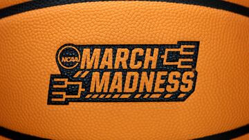 OMAHA, NEBRASKA - MARCH 20: A detail of a basketball with a March Madness logo during practice ahead of the NCAA Men's Basketball Tournament at CHI Health Center on March 20, 2024 in Omaha, Nebraska.   Jamie Squire/Getty Images/AFP (Photo by JAMIE SQUIRE / GETTY IMAGES NORTH AMERICA / Getty Images via AFP)