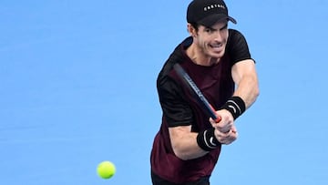 Britain&#039;s Andy Murray plays a backhand return to Switzerland&#039;s Stanislas Wawrinka during their men&#039;s single tennis final match of the European Open ATP Antwerp, on October 20, 2019 in Antwerp. (Photo by JOHN THYS / BELGA / AFP) / Belgium OUT