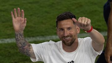 FORT LAUDERDALE, FLORIDA - JULY 16: Lionel Messi during the DRV PNK Stadium Inter Miami CF hosting of "The Unveil" introducing Lionel Messi on July 16, 2023 in Fort Lauderdale, Florida.   Joe Raedle/Getty Images/AFP (Photo by JOE RAEDLE / GETTY IMAGES NORTH AMERICA / Getty Images via AFP)