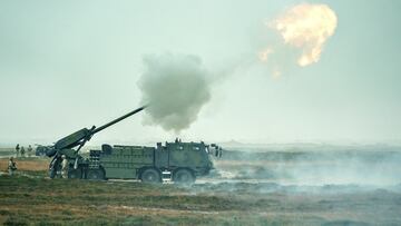 Danish Army "Forsvaret" presents their new Caesar howitzer weapon system in Oksboel, Denmark, Friday, November 12, 2021. Denmark's government announced on Thursday, January 19, 2023 that it will donate 19 French-produced Caesar howitzers weapon system. Ritzau Scanpix/via REUTERS    ATTENTION EDITORS - THIS IMAGE WAS PROVIDED BY A THIRD PARTY. DENMARK OUT. NO COMMERCIAL OR EDITORIAL SALES IN DENMARK.