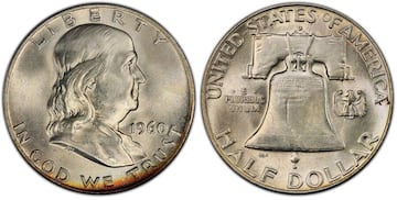 1960 Ben Franklin half dollar coin with bell on the reverse. PCGS