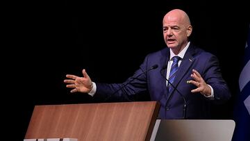 Gianni Infantino en su discurso tras ser reelegido como presidente de la FIFA.