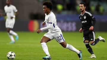 BAKU, AZERBAIJAN - NOVEMBER 22: Willian of Chelsea in action during the UEFA Champions League group C match between Qarabag FK and Chelsea FC at Baki Olimpiya Stadionu on November 22, 2017 in Baku, Azerbaijan. (Photo by Francois Nel/Getty Images)