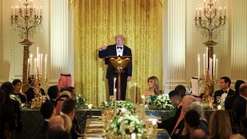 U.S. President Donald Trump speaks as he hosts a dinner for Saudi Crown Prince and Prime Minister Mohammed bin Salman, at the White House in Washington, D.C., U.S., November 18, 2025. REUTERS/Tom Brenner