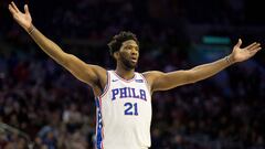 Nov 3, 2018; Philadelphia, PA, USA; Philadelphia 76ers center Joel Embiid (21) reacts to his basket scored against the Detroit Pistons during the first quarter at Wells Fargo Center. Mandatory Credit: Bill Streicher-USA TODAY Sports