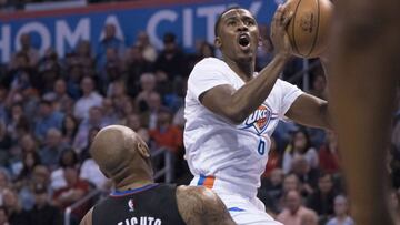 OKLAHOMA CITY, OK - NOVEMBER 11: Semaj Christon #6 of the Oklahoma City Thunder jumps over Marreese Speights #5 of the LA Clippers for a two point shot during the first half of a NBA game at the Chesapeake Energy Arena on November 11, 2016 in Oklahoma City, Oklahoma. NOTE TO USER: User expressly acknowledges and agrees that, by downloading and or using this photograph, User is consenting to the terms and conditions of the Getty Images License Agreement. J Pat Carter/Getty Images/AFP
== FOR NEWSPAPERS, INTERNET, TELCOS & TELEVISION USE ONLY ==