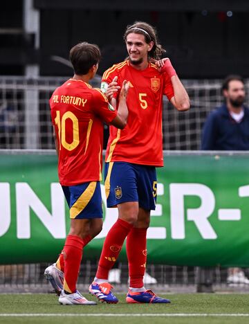 Northern Ireland , United Kingdom - 19 July 2024; Yarek Gasiorowski, right, celebrates with Spain teammate Pol Fortuny after scoring their first goal during the UEFA European U19 Championship Finals Group B match between Türkiye and Spain at Seaview in Belfast, Northern Ireland. (Photo By Ben McShane/Sportsfile via Getty Images)