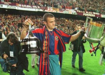 Copa del Rey 1997-1998. (29/04/98). Estadio de Mestalla. Barcelona-Mallorca. El Barça gano en la tanda de penaltis con el portero Hesp como gran protagonista. El encuentro acabó con empate, 1-1, con goles de Stankovic y Rivaldo. Doblete del conjunto culé, Liga y Copa, en el primer año de Louis Van Gaal. Luis Enrique.