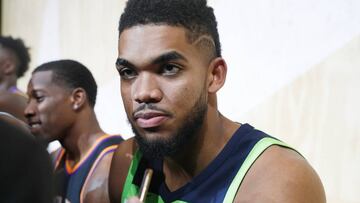 LOS ANGELES, CA - SEPTEMBER 15: Karl-Anthony Towns #32 of the Minnesota Timberwolves debuts the new jersey during the unveiling of the New NBA Partnership with Nike on September 15, 2017 in Los Angeles, California.   Josh Lefkowitz/Getty Images/AFP
 == FOR NEWSPAPERS, INTERNET, TELCOS &amp; TELEVISION USE ONLY ==